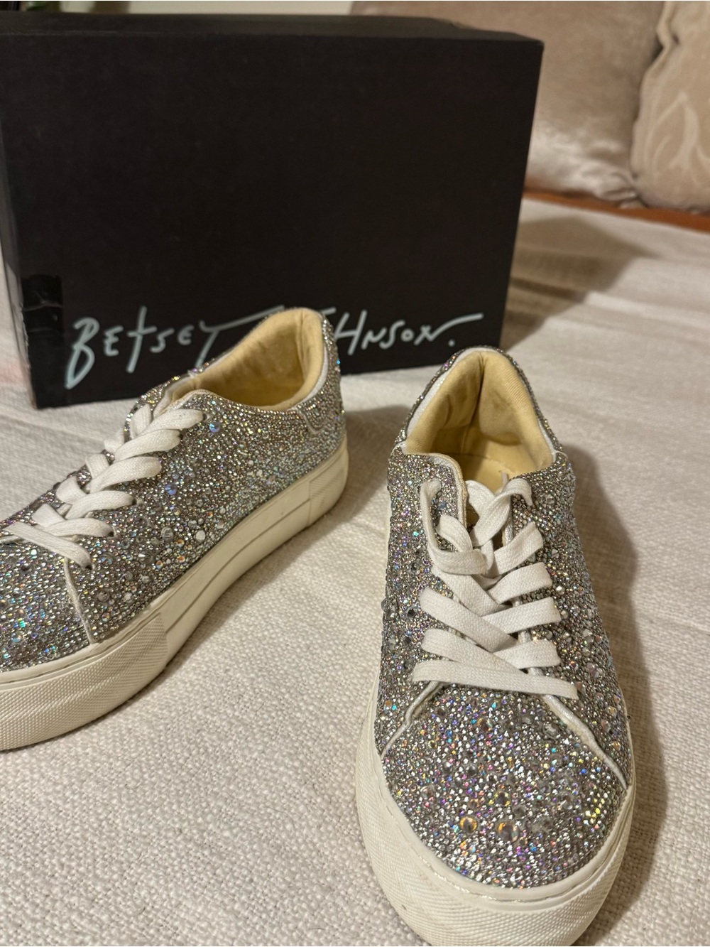 Betsey Johnson Silver Glitter Rhinestone Lace-Up Platform Sneakers